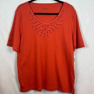 Birch Hill Womens Orange Embroidered Beaded Boho 100% Cotton Short Sleeve Tee XL